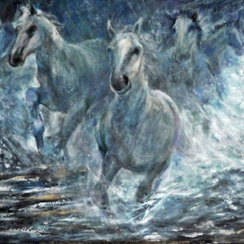 Sylva Zalmanson: 'Running Horses', 2013 Acrylic Painting, Animals. Artist Description:  Running horses in water ...