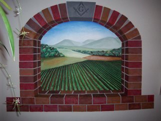 Leslie Zahn: 'Vineyard Mural', 2008 Acrylic Painting, Scenic.  I was commissioned to paint a private mural. I got to know the client and we decided to incorporate his interests. He is a free mason and a wine connoisseur. I  suggested some sketches and ideas and chose to portray a brick arch window looking upon a vineyard with the...
