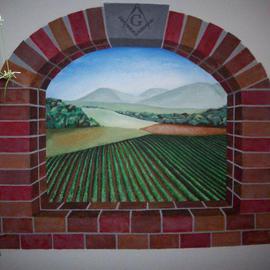 Leslie Zahn: 'Vineyard Mural', 2008 Acrylic Painting, Scenic. Artist Description:  I was commissioned to paint a private mural. I got to know the client and we decided to incorporate his interests. He is a free mason and a wine connoisseur. I  suggested some sketches and ideas and chose to portray a brick arch window looking upon a vineyard ...