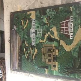 Paula Fell: 'Griffith Park', 2020 Mosaic, Abstract Landscape. Artist Description: Featuring Ennis House, The Greek Theater, The Griffith Observatory and the ancient Morton fig tree on Vermont Avenue.Custom framed in a heavy unburnished metal Cost 85. ...