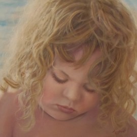 Ageliki Alexandridou: 'too busy by ageliki', 2016 Oil Painting, Children. Artist Description: A cute, little blond girl, playing with the sand a sunny afternoon at beach, attracts the artists attention.  So absorbed as if nothing else matters. . .  Ageliki is focusing to the childs expression, filling all canvas surface with the face.The artwork aims to create a joyfull and relaxed ...
