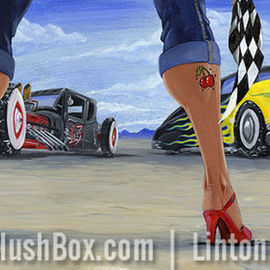 Jr Linton: 'Bonneville 24 x 12 ', 2006 Acrylic Painting, Automotive. Artist Description:  The rod run off between rat and hot. On your marks. . . get set. . . go daddy- o! 24 x 12 Original Acrylic on Board. Framed with a custom welded steel frame hangs on a wrench keywords: Hot rod girl car mercury model a hotrod rat rod pin up pinup...