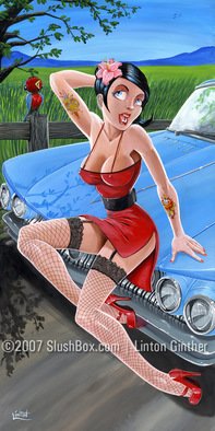 Jr Linton: 'Robins Egg ', 2008 Acrylic Painting, Automotive.  Taking in a beautiful blue day. This sweet little egg is getting a serenade from her feathered friend. 24 x 12 Original Acrylic on Boardkeywords: Hot rod girl car buick hotrod rat rod pin up pinup lesabre electra invicta ...