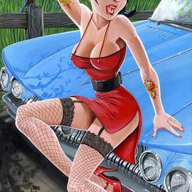 Jr Linton: 'Robins Egg ', 2008 Acrylic Painting, Automotive. Artist Description:  Taking in a beautiful blue day. This sweet little egg is getting a serenade from her feathered friend. 24 x 12 Original Acrylic on Boardkeywords: Hot rod girl car buick hotrod rat rod pin up pinup lesabre electra invicta ...