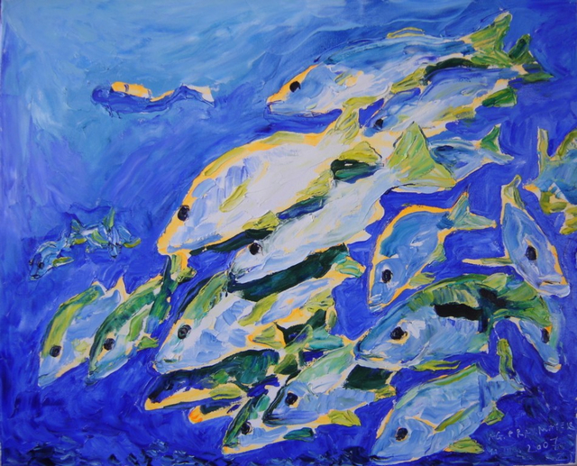 Agnieszka Praxmayer  'Blue School Of Fish ', created in 2007, Original Pastel Oil.