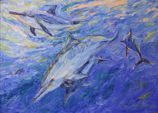 Agnieszka Praxmayer: 'Dolphins', 2006 Oil Painting, Animals.  Swimming dolphins in blue water / Sea life...