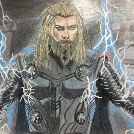 Ahsan Asghar: 'thor from avengers endgame', 2022 Pencil Drawing, Landscape. Artist Description: Thor drawing from Avengers Endgame. Materials are pencil, pointer, pencil colurs and whitener for the lightning. ...