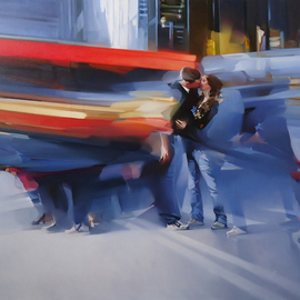Alexey Chernigin: 'he and she', 2015 Oil Painting, Love. Artist Description: City, cars, lovers, kiss, love, twain...