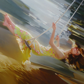 Alexey Chernigin: 'swing', 2014 Oil Painting, Flight. Artist Description: Swing, summer, dress, leaves, trees in motion...