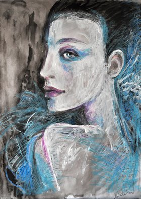 Alex Solodov: 'Original oil pastel painting Model in Blue', 2014 Oil Pastel, Portrait.  Original oil pastel painting in impressionistic pop art style. Portrait of a young woman looking. Inspired by fashion photography. Oil pastel on archival fine art paper. Signed by the artist on the front. Artist - Alex Solodov mostly paints in sumi- e and color ink wash painting techniques, many of his...