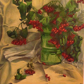 Still life with cloth drapery and rowan twigs in green vase By Alina Krasilnikova