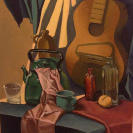 Alina Krasilnikova: 'Still life with guitar and cloth', 2011 Oil Painting, Still Life. Artist Description:  still life cloth drapery guitar musical instrument teapot peach bottles red green pink lma academy of art season winter spring summer fall autumn hand made authors abstract calm colors oil painting fine art my way pressed wood canvas no frame female painter light shadow ...