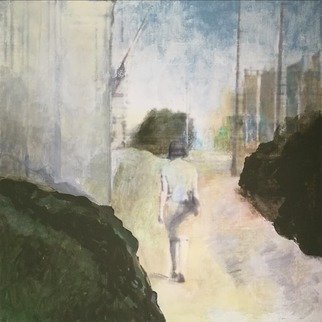 Alina Picazio: 'new world of anna n', 2020 Acrylic Painting, Cityscape. Once I made a series of drawings about adventures of Anna N.  A modern character in an old fashioned Alfred Hitchcock movie.  And here she is, walking through Warsaw.  Mixed media on canvas - monoprinthand made transferand acrylic.  ...