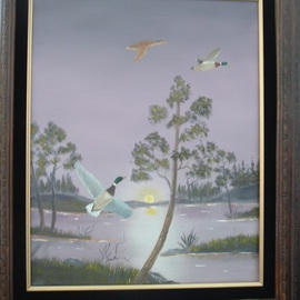 Al Johannessen: 'Hey waite for me', 2010 Oil Painting, Birds. Artist Description:  Ducks at sunset flying overhead ...
