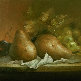 Aleksandr  Koss: 'pears', 2022 Oil Painting, Still Life. Artist Description: The still life consists of ordinary household items, typical both for our time and for more ancient eras. Made in the technique of the old Flemish masters using imprimatura umber and glazing. The canvas is covered with matte dammar varnish and stretched on a wooden stretcher. ...