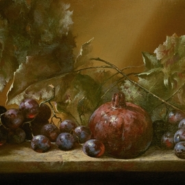 Aleksandr  Koss: 'pomegranate', 2022 Oil Painting, Still Life. Artist Description: The still life consists of ordinary household items, typical both for our time and for more ancient eras. Made in the technique of the old Flemish masters using imprimatura umber and glazing. The canvas is covered with matte dammar varnish and stretched on a wooden stretcher. ...