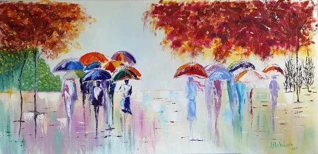 Artist: Alla Alevtina Volkova - Title: Golden rainy autumn Umbrellas  - Medium: Oil Painting - Year: 2019