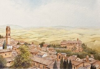 Christopher Hughes: 'montepulciano tuscany', 2021 Watercolor, Travel. What a beautiful town in Tuscany   Montepulciano. An artistaEURtms dream. The dramatic outline of the ancient buildings and the rollin Tuscan countryside  The views, the food, the wine   This original watercolour is painted on handmade 300lb paper. Presented in a double white bevel cut mount 20 in x 16 ...