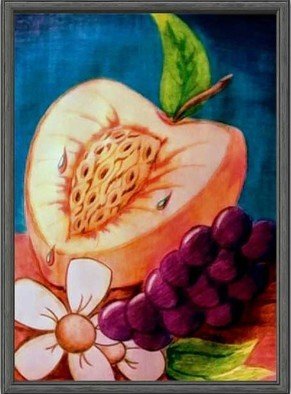 Aaron Mallery: 'summer fruit', 2020 Pencil Drawing, Food. Freehand, colorful illustration of a large peach with a bunch of grapes. ...