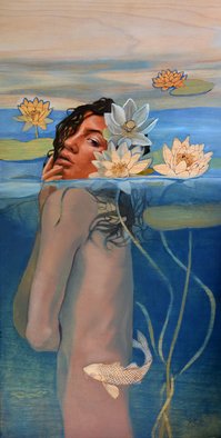 Amanda Scott: 'Lilies of Desire', 2016 Oil Painting, undecided.  wood burning, phyrography, Amanda Carey Scott, Maui, Hawaii, mermaid, Hawaiian woman, girl, water lilies, ocean, fish, underwater, nude, sensual, original painting ...