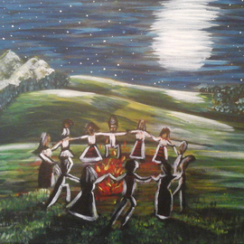 Andreea J: 'Romanian dance', 2014 Acrylic Painting, Dance. Artist Description: dance, night, nature, forest, people, mountains, moon, stars, fire, ...