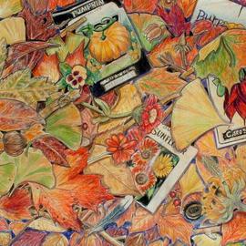 Andree Lisette Herz: 'end of summer', 2003 Pencil Drawing, Still Life. Artist Description: colored pencil of fall leaves and old seed packages...