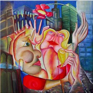Andrei  Dobos: 'love in ny', 2017 Oil Painting, Love. The painting represents a fictional scene, a love story, in the city that never sleeps New York. The masculine character, the boy plays with the feminine character, a beautiful girl, giving her a flower but far above her head so that she must stretch to catch it.The composition of ...