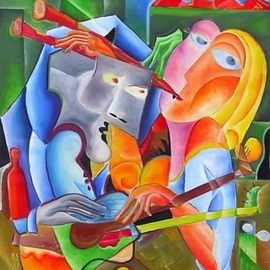 Andrei  Dobos: 'song in two', 2017 Oil Painting, Love. Artist Description: The painting describes a place where a boy and a girl play a game of love, the man is shy but tries to get to know the girl while the girl seems not interested. The dual nature of the scene is drawn using musical instruments that each have ...