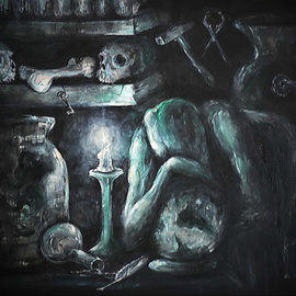 Andrei Moga: 'the alchemist', 2014 Oil Painting, Figurative. Artist Description: The Alchemist Is a great artwork of a deep inner struggle. That experience that defies human nature and makes a difference on the scale of the personal soul evolution of each individual in this world. In the painting are exposed the contrasts, metaphorically, emphasizing the split of body, ...