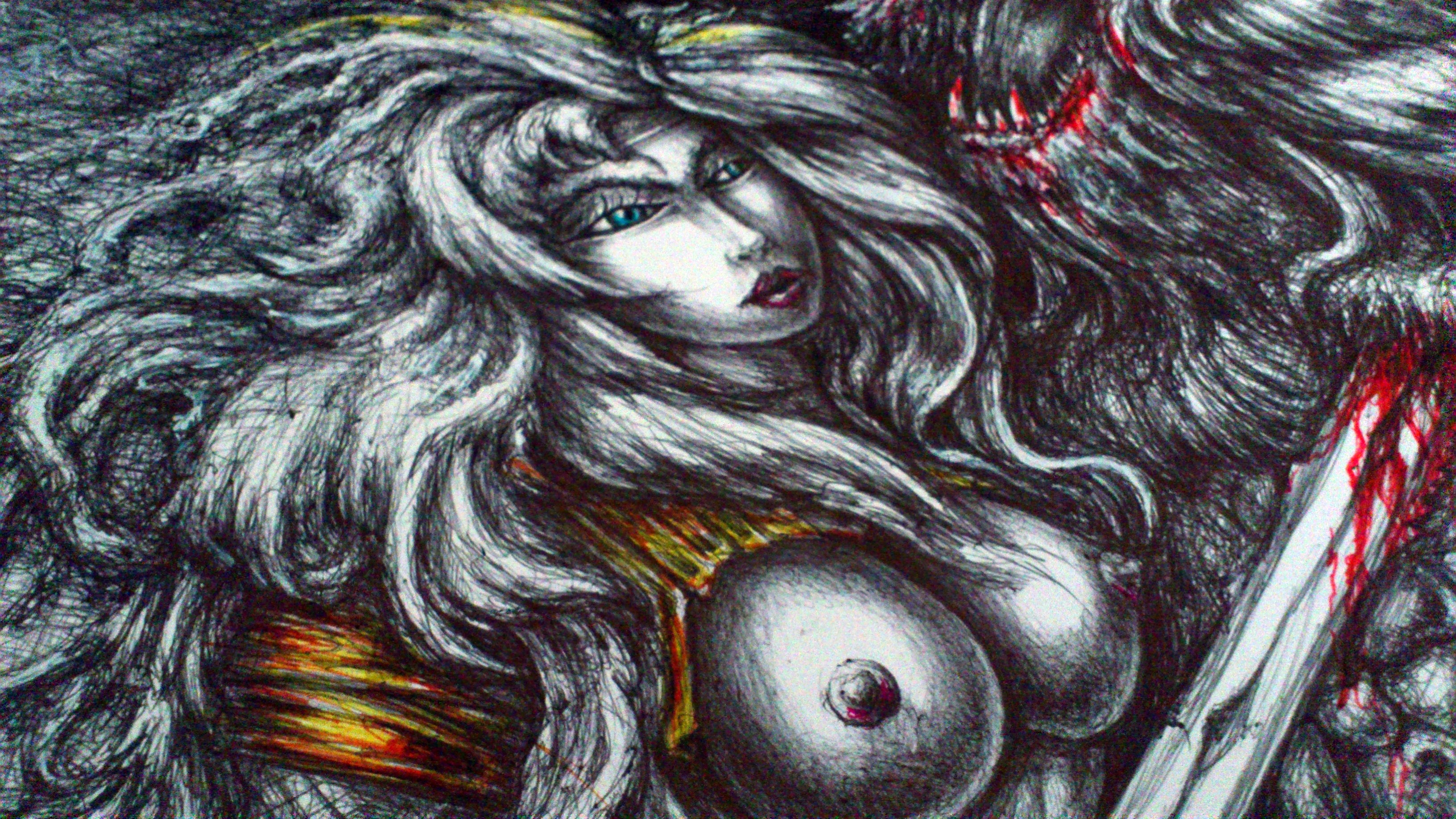 Angel Piangelo : 'MOONLIGHT SHADOW', 2017 Other Painting, Nudes. Drawing Painting - mixed technique with acrylics, color pencils and black pens - Difficult Technique as Black Permanent Pens not black pencils were used for the main drawing, meaning that any mistake was impossible to be deleted or to correct - Fantasy Hot Dark Themed Artwork with an erotic flavor - with a black ...