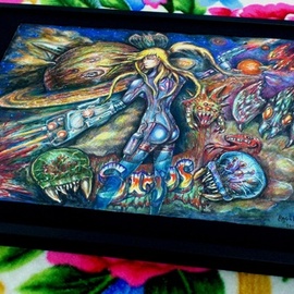 Angel Piangelo : 'SUPER METROID SAMUS JP edit by Angel P', 2016 Oil Painting, Fantasy. Artist Description: Painting - mixed Technique - UNIQUE and UNBELIEVABLE Artwork - Almost IMPOSSIBLE to see another Artwork like this, as it LOOKS exactly LIKE an oil Painting on a canvas , although ONLY color Pencils were used for the main Painting - to achieve this permanent, oil, vivid colors appearance, a SPECIAL secret TECHNIQUE ...