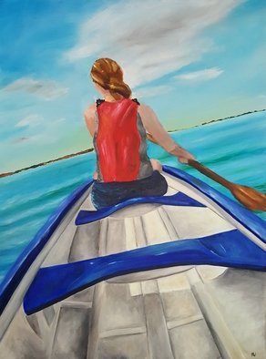 Ana Neto: 'summer canoeing', 2019 Acrylic Painting, Boating. A woman canoeing in a summer day. This is a representation of the artist dream become true. See the world in another perspective from the sea, isolated by water. ...