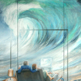 Anna Maria Grill-r.: 'Floot', 2006 Oil Painting, Zeitgeist. Artist Description:  wave, television, tsunami, family,   house, ocean, blue, horizont, cataclysmwater.     ...