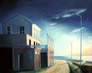 Anna Maria Grill-r.: 'Verlassenes Haus', 2005 Oil Painting, Architecture.  Lonely, blue, sea, ocean, house, way ...