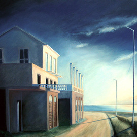 Anna Maria Grill-r.: 'Verlassenes Haus', 2005 Oil Painting, Architecture. Artist Description:  Lonely, blue, sea, ocean, house, way ...