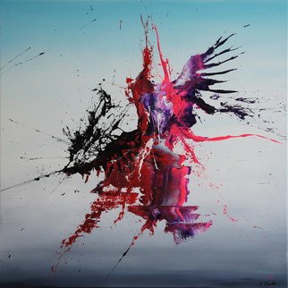 Ansgar Dressler: 'on a wing and prayer', 2018 Acrylic Painting, Abstract. Another large squared one from my Spirits Of Skies Collection - my new signatory artwork.This one comes with bright neon pink mixed with dark red, black, purple and white, against a distant appearing background with an airy feel. Enjoy Unique painting using high- quality acrylic colors on gallery canvas  stapled ...