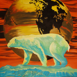 Environmental Artist Apollo: 'Barely Global Warming', 2010 Acrylic Painting, Conceptual. Artist Description:  This Earth Day painting by Apollo one of worlds leading Environmental Artists is designed as a conceptual warning that just a few degrees can make.  the last polar bear stands in front of a world transformed by the loss of the polar cap and tectonic displacement.  ...