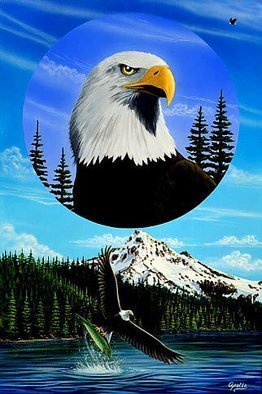 Environmental Artist Apollo: 'Land of the Free', 1993 Acrylic Painting, Animals. Form Apollos Circle of Life Series.  A majestic bald eagle swoops down to catch a trout in this double painting also featuring a circular portrait of a bald eagle.  This Painting was featured in a show at the Ronald Reagan Presidential Library in 2005 ...
