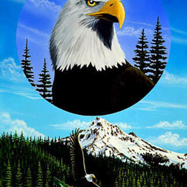 Environmental Artist Apollo: 'Land of the Free', 1993 Acrylic Painting, Animals. Artist Description: Form Apollos Circle of Life Series.  A majestic bald eagle swoops down to catch a trout in this double painting also featuring a circular portrait of a bald eagle.  This Painting was featured in a show at the Ronald Reagan Presidential Library in 2005 ...