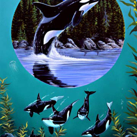 Environmental Artist Apollo: 'Leap of Freedom Circle of life series', 1993 Acrylic Painting, Animals. Artist Description:  LEAP OF FREEDOM- Original Acrylic on Canvas by ApolloCircle of Life Series- Limited edition gicli? 1/2es on canvas are also availableThe painting Leap of freedom depicts an Orca Whale Leaping in a circle superimposed over an underwater view of orcas.  This image painted in 1991 has been on ...