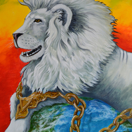 Environmental Artist Apollo: 'white lion in chains', 2012 Acrylic Painting, Animals. Artist Description: A white lion rests majestically, only to reveal that that he is held down by his golden chains...