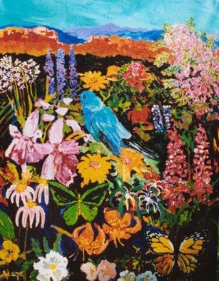 Mary Hatch: 'Blue Bird of Paradise', 2014 Acrylic Painting, Birds.  Part of the Bird Series. Blue Bird surrounded by flowers and a Southwest red mountain landscape in the background. ...