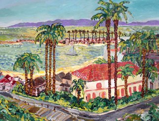 Mary Hatch: 'View of Catalina Island', 2008 Acrylic Painting, Seascape. Ocean Series. Pacific Coast Painting. Corona Del Mar view overlooking Balboa Island and in the Pacific Ocean, Catalina Island in the distance. Impressionist colors with palm trees and beautiful hacienda like house. ...
