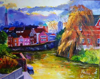Valerie Curtiss: 'Quayside', 2015 Acrylic Painting, Cityscape.  A view of the quayside of the river Wensum, Norwich, Norfolk, England at sunset inspired by a photo taken by Judith Lock of Dereham, Norfolk, UK, acrylic, trees, reflections, riverside ...