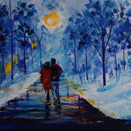Valerie Curtiss: 'WINTER WALK', 2014 Acrylic Painting, Impressionism. Artist Description:  A couple on a winter walk on an icy snowy day, sunset, reflections, trees, park, city, blue, impressionism, palette knife, acrylic ...