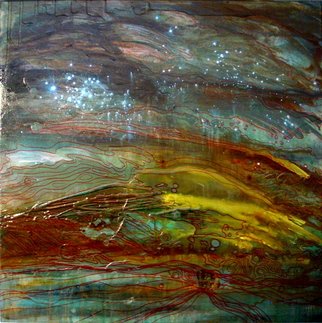 Carla Goldberg: 'Celestial Navigation', 2008 Mixed Media, Abstract Landscape.  box glued in cut canvas, oil paint and wax and crackle varnish embedded under layers of resin, ink.  ...