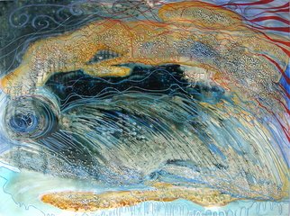 Carla Goldberg: 'The Legend Of Kipsy And The River Goddess', 2008 Mixed Media, Abstract Landscape.  The Hudson River has it' s own version of the Loch Ness Monster. Her name is Kipsy. In this work, I imagine Kipsy playing ball  with the head of the River Goddess. ...