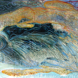 Carla Goldberg: 'The Legend Of Kipsy And The River Goddess', 2008 Mixed Media, Abstract Landscape. Artist Description:  The Hudson River has it' s own version of the Loch Ness Monster. Her name is Kipsy. In this work, I imagine Kipsy playing ball  with the head of the River Goddess. ...
