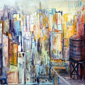 Jack Diamond: 'TANKS FOR THE MEMORIES', 2010 Acrylic Painting, Cityscape. Artist Description:  THE WATER TANKS STAND ABOVE THE NEW YORK SKYLINE LIKE ANCIENT SENTINELS, RUST AND GREY BROWN WOOD AGAINST A BACK DROP OF MANHATTAN ...