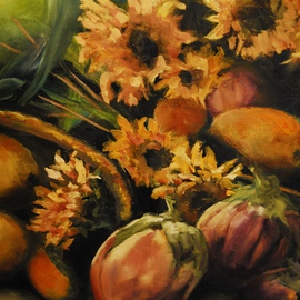 Susan Bell: 'autumn flowers', 2014 Oil Painting, Still Life. Artist Description:  fall harvest displayed in a basket ...